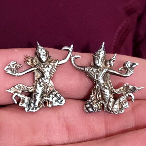 925 Sterling Silver Vintage Siam Thai Dancer Clip On Earrings - Picture 1 of 7